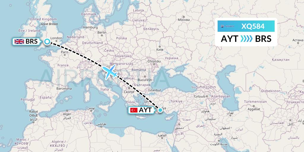 XQ584 SunExpress Flight Map: Antalya to Bristol