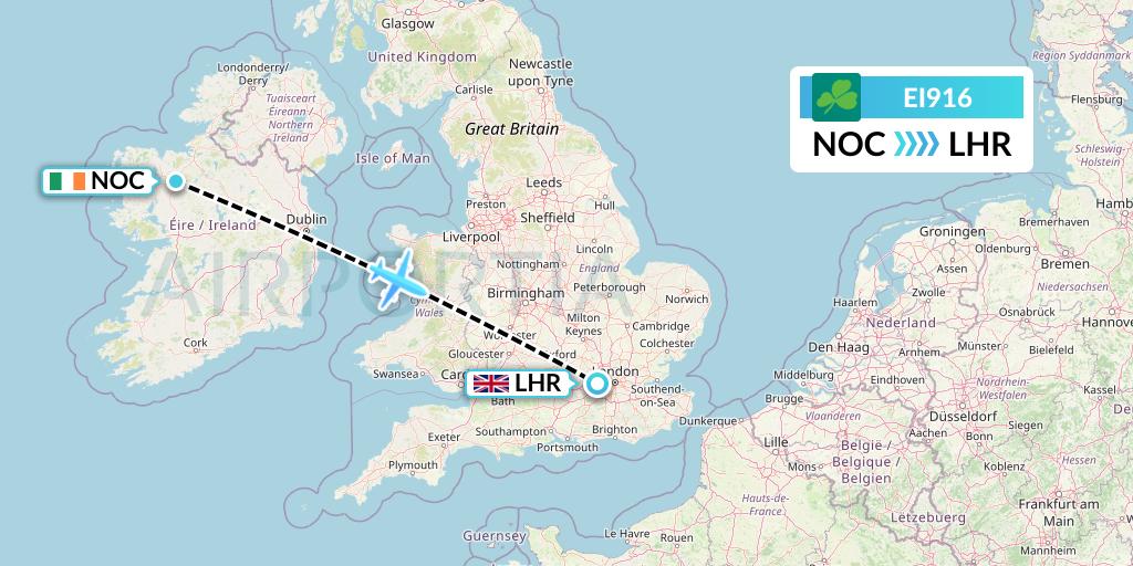 EI916 Aer Lingus Flight Map: Knock to London