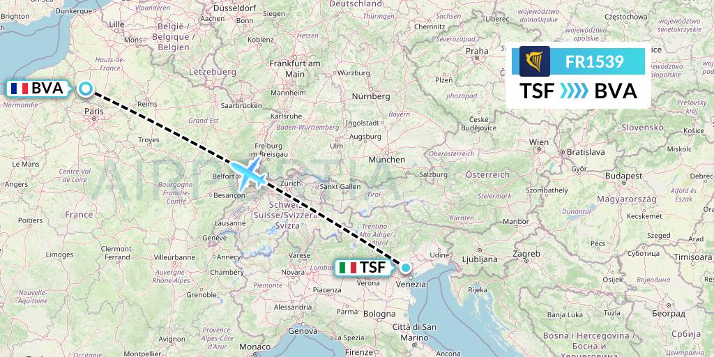 FR1539 Ryanair Flight Map: Treviso to Paris