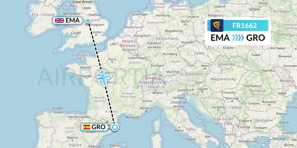 FR1662 Ryanair Flight Map: East Midlands to Girona