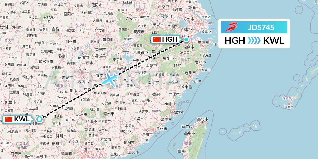 JD5745 Capital Airlines Flight Map: Hangzhou to Guilin
