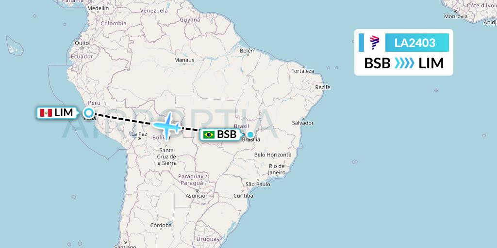 LA2403 LAN Airlines Flight Map: Brasilia to Lima