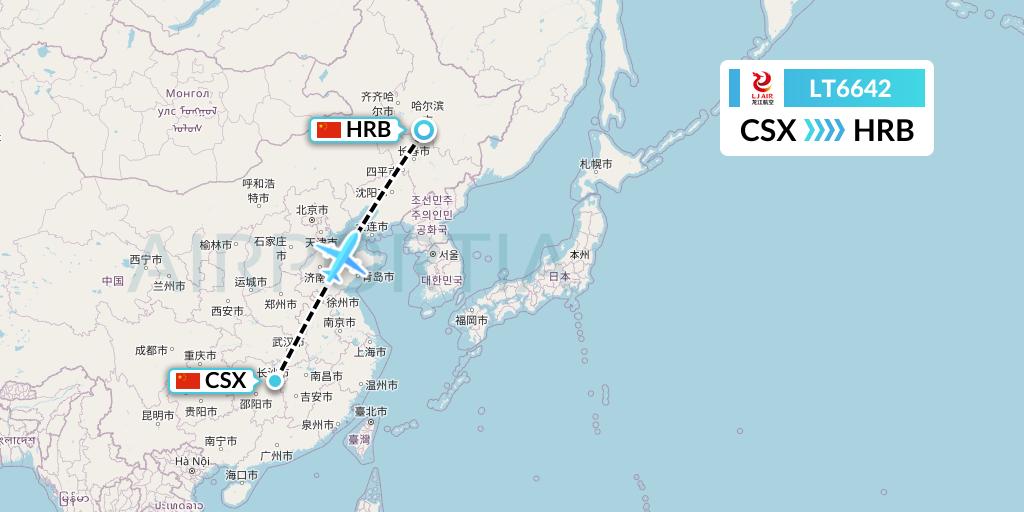 LT6642 LongJiang Airlines Flight Map: Changsha to Harbin