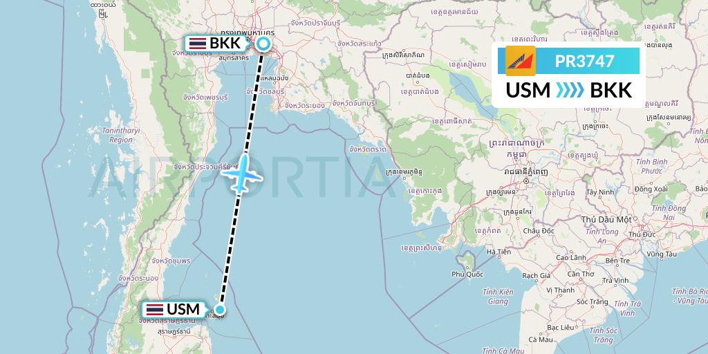 PR3747 Philippine Airlines Flight Map: Koh Samui to Bangkok