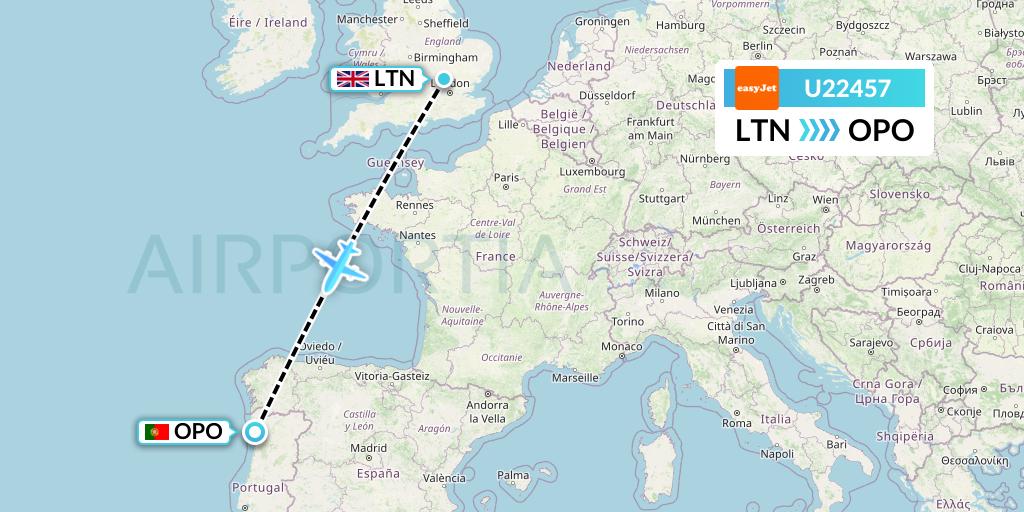 U22457 EasyJet Flight Map: London to Porto