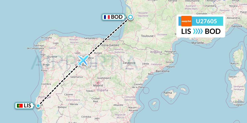 U27605 EasyJet Flight Map: Lisbon to Bordeaux