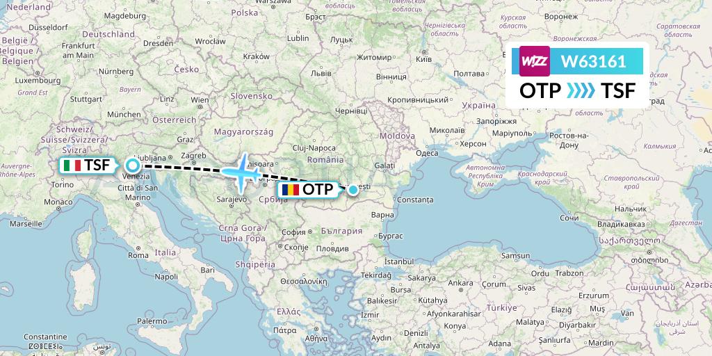 W63161 Wizz Air Flight Map: Bucharest to Treviso