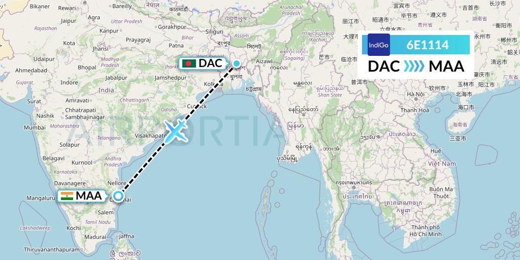 6E1114 IndiGo Airlines Flight Map: Dhaka to Chennai