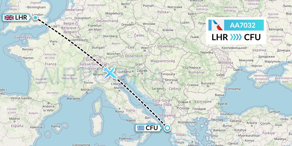 AA7032 American Airlines Flight Map: London to Corfu