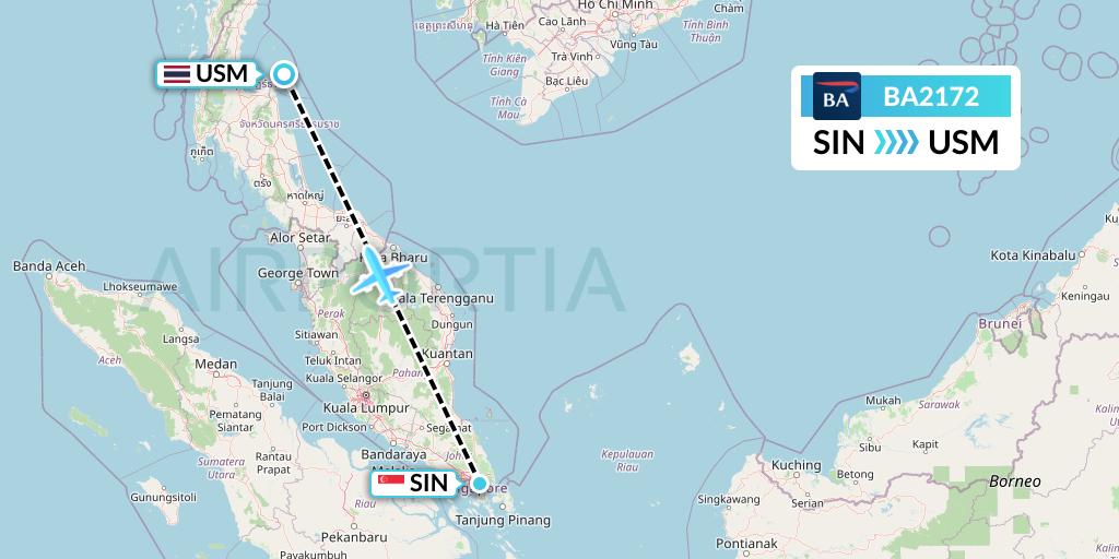 BA2172 British Airways Flight Map: Singapore to Koh Samui