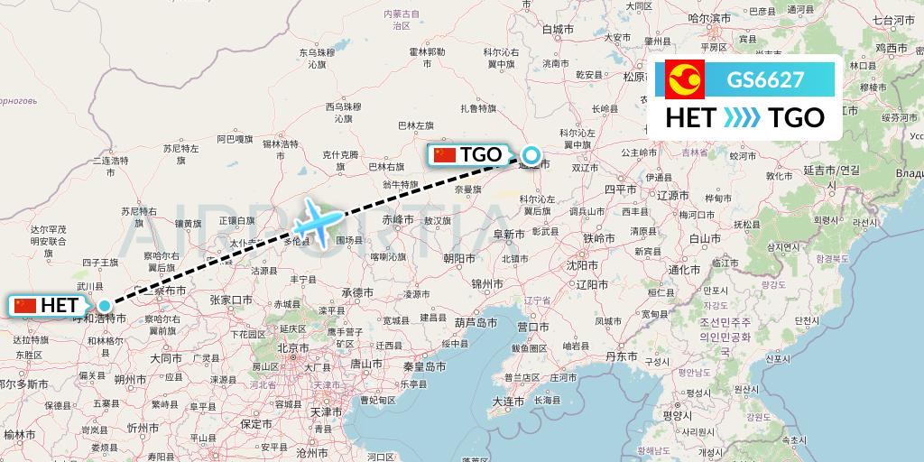 GS6627 Tianjin Airlines Flight Map: Hohhot to Tongliao