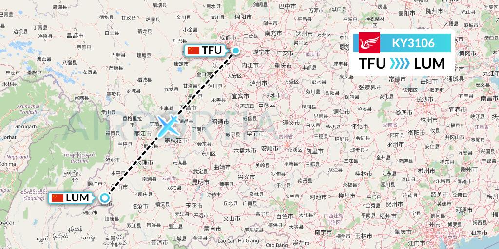 KY3106 Kunming Airlines Flight Map: Chengdu to Mangshi