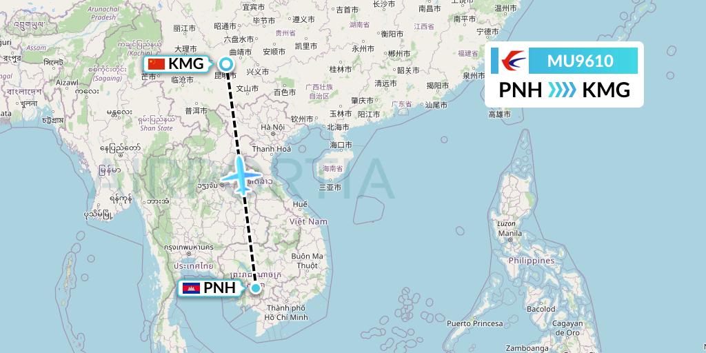 MU9610 China Eastern Airlines Flight Map: Phnom Penh to Kunming