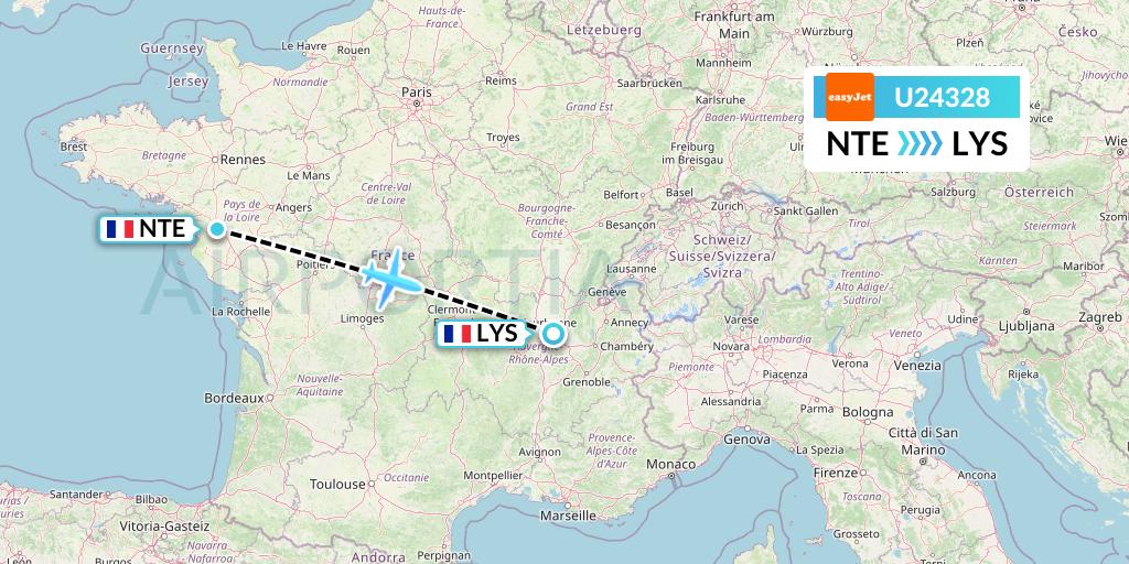 U24328 EasyJet Flight Map: Nantes to Lyon