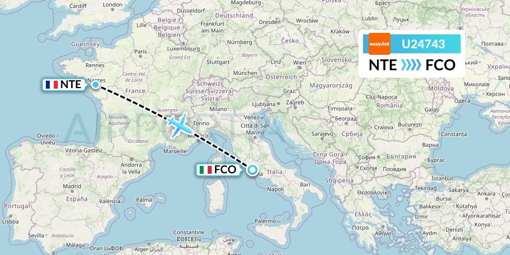 U24743 EasyJet Flight Map: Nantes to Rome