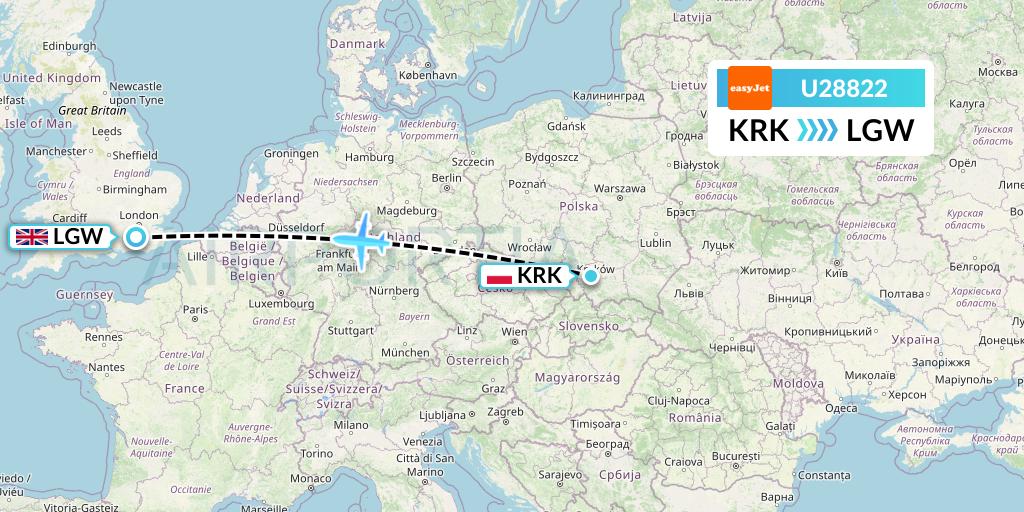 U28822 EasyJet Flight Map: Krakow to London