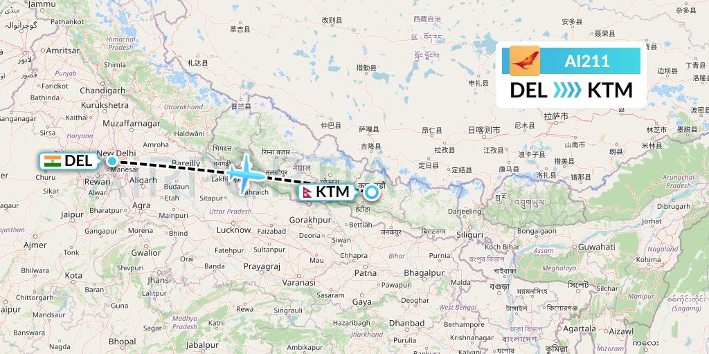 AI211 Air India Flight Map: Delhi to Kathmandu