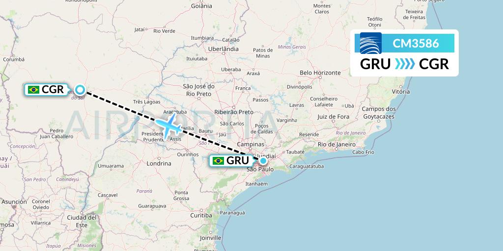 CM3586 Copa Airlines Flight Map: Sao Paulo to Campo Grande