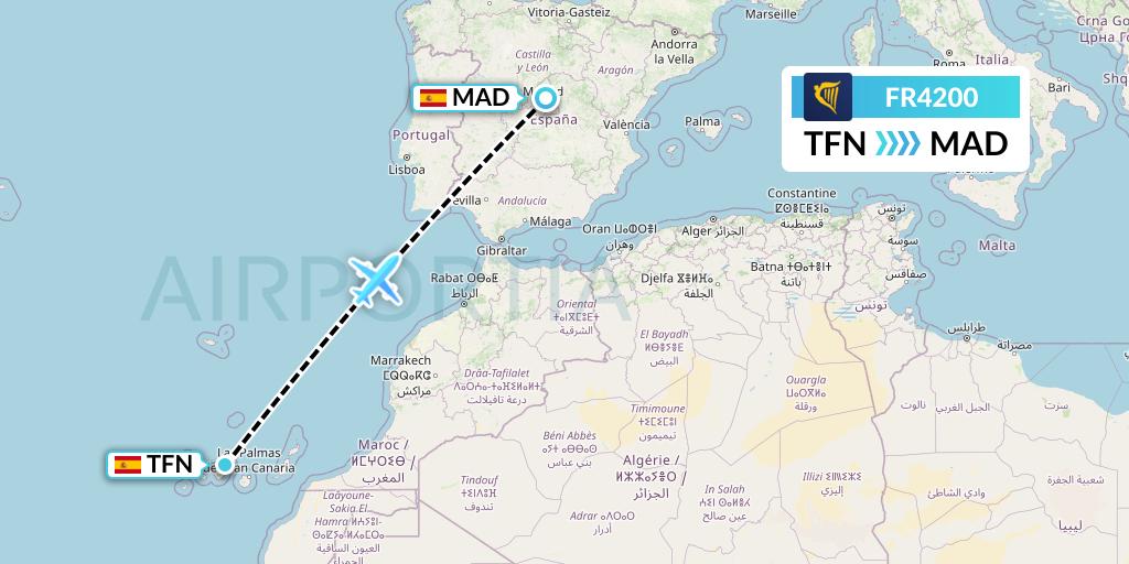 FR4200 Ryanair Flight Map: Tenerife to Madrid