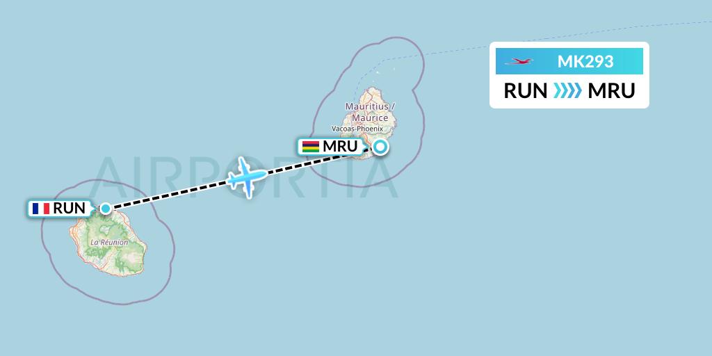 MK293 Air Mauritius Flight Map: Saint-Denis to Port Louis