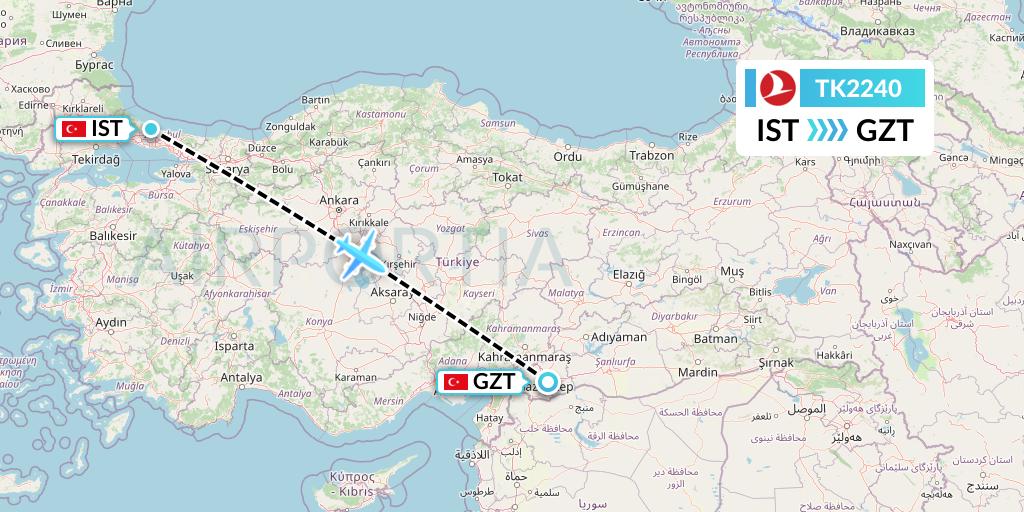 TK2240 Turkish Airlines Flight Map: Istanbul to Gaziantep