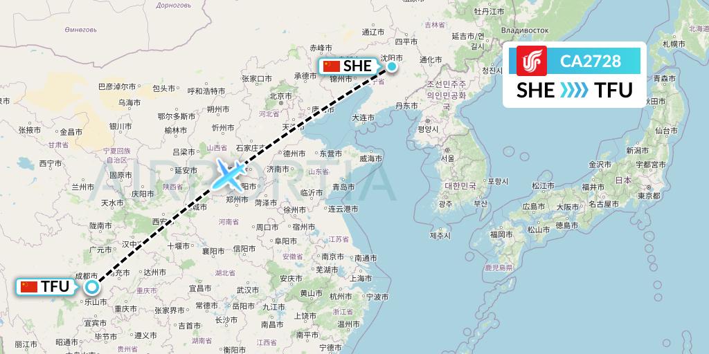 CA2728 Air China Flight Map: Shenyang to Chengdu