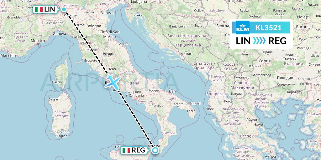 KL3521 KLM Flight Map: Milan to Reggio Calabria