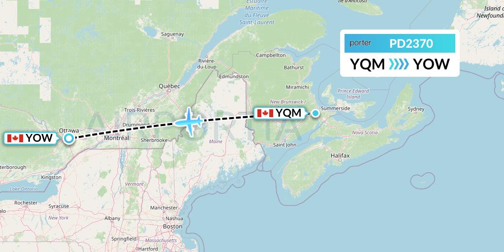 PD2370 Porter Airlines Flight Map: Moncton to Ottawa