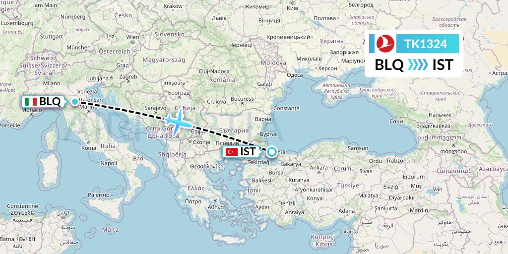 TK1324 Turkish Airlines Flight Map: Bologna to Istanbul