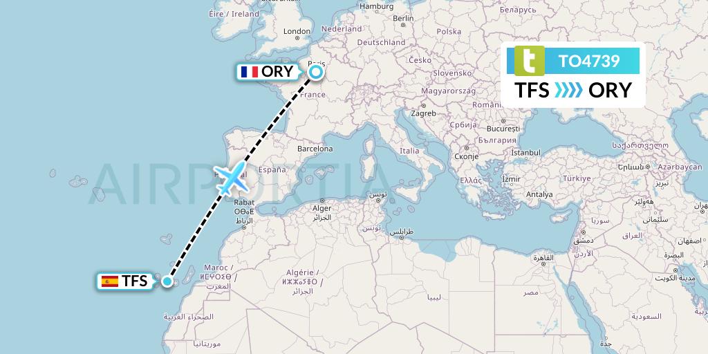 TO4739 Transavia France Flight Map: Tenerife to Paris