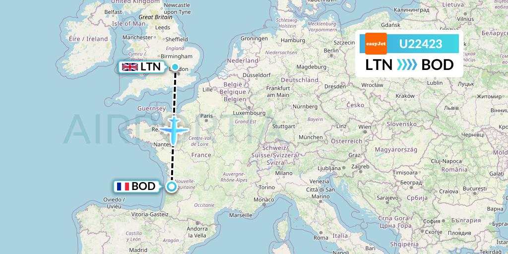 U22423 EasyJet Flight Map: London to Bordeaux