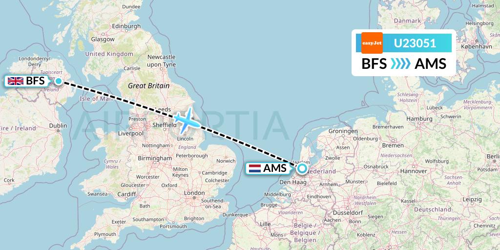 U23051 EasyJet Flight Map: Belfast to Amsterdam