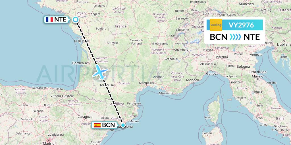 VY2976 Vueling Flight Map: Barcelona to Nantes