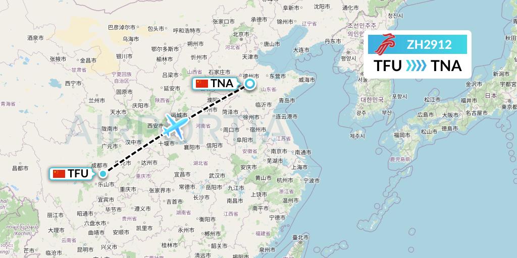 ZH2912 Shenzhen Airlines Flight Map: Chengdu to Jinan