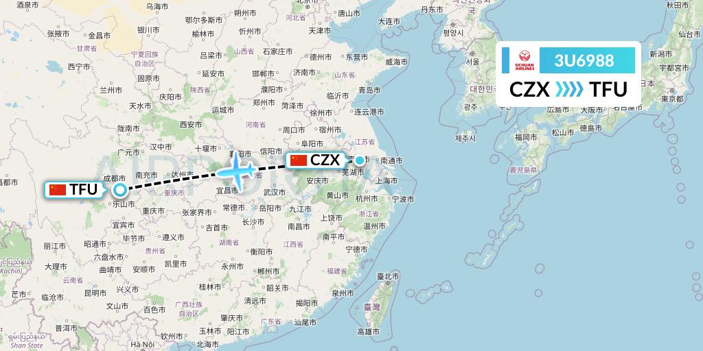 3U6988 Sichuan Airlines Flight Map: Changzhou to Chengdu