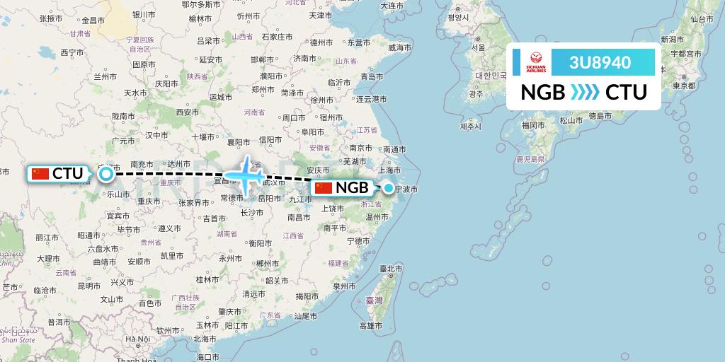 3U8940 Sichuan Airlines Flight Map: Ningbo to Chengdu