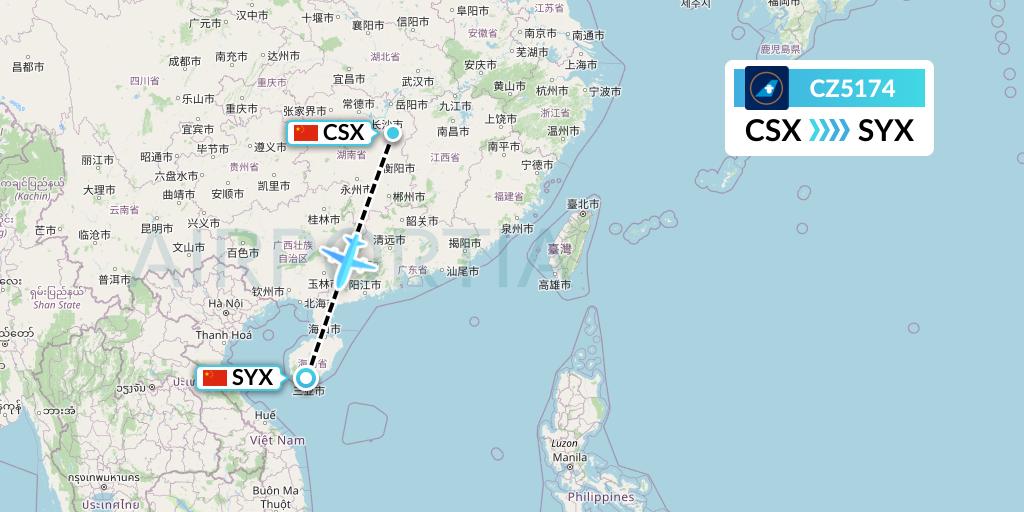 CZ5174 China Southern Airlines Flight Map: Changsha to Sanya