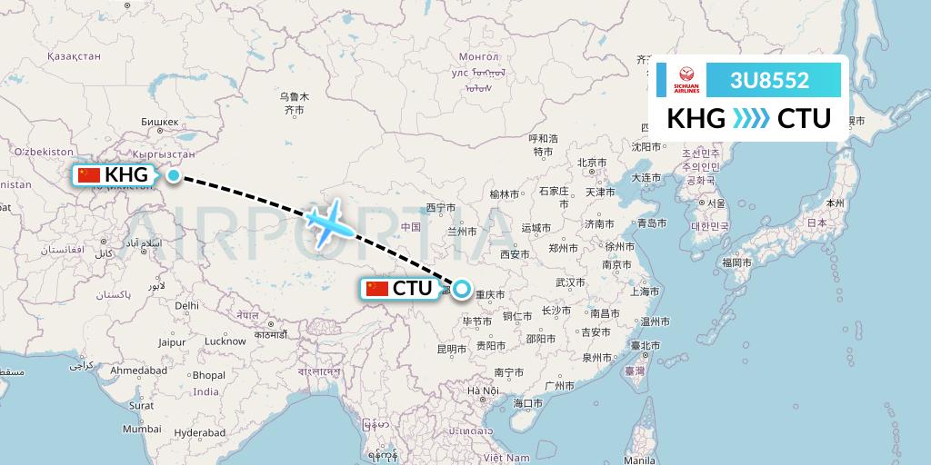 3U8552 Sichuan Airlines Flight Map: Kashgar to Chengdu