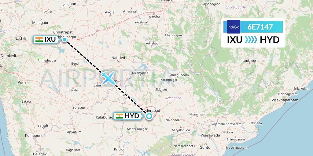 6E7147 IndiGo Airlines Flight Map: Aurangabad to Hyderabad