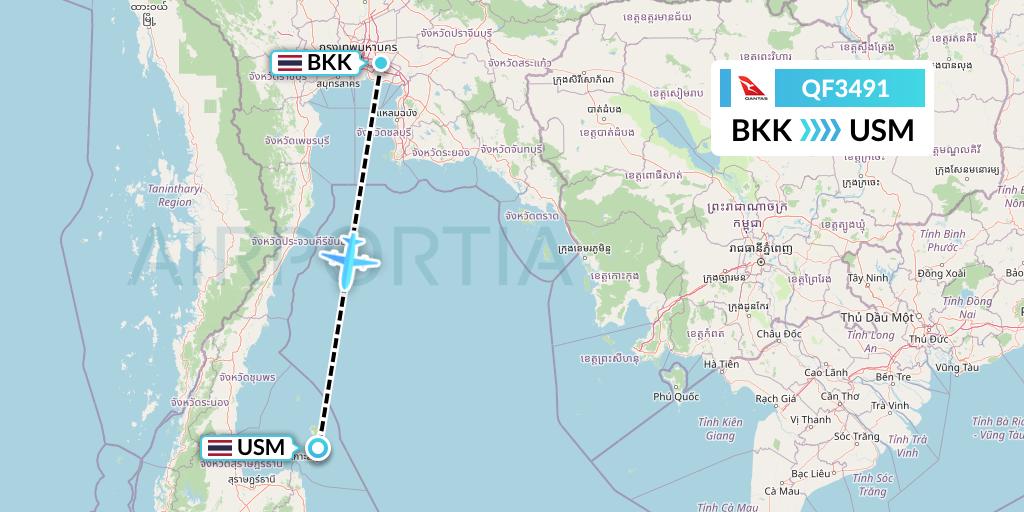 QF3491 Qantas Flight Map: Bangkok to Koh Samui