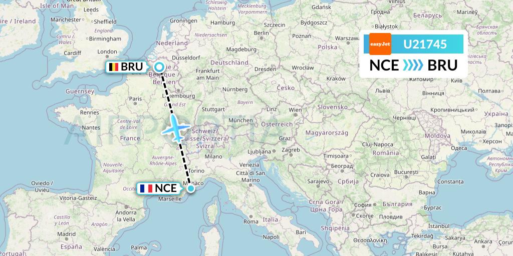 U21745 EasyJet Flight Map: Nice to Brussels