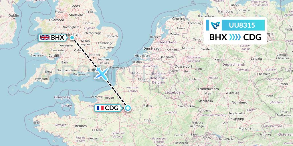 UU8315 Air Austral Flight Map: Birmingham to Paris