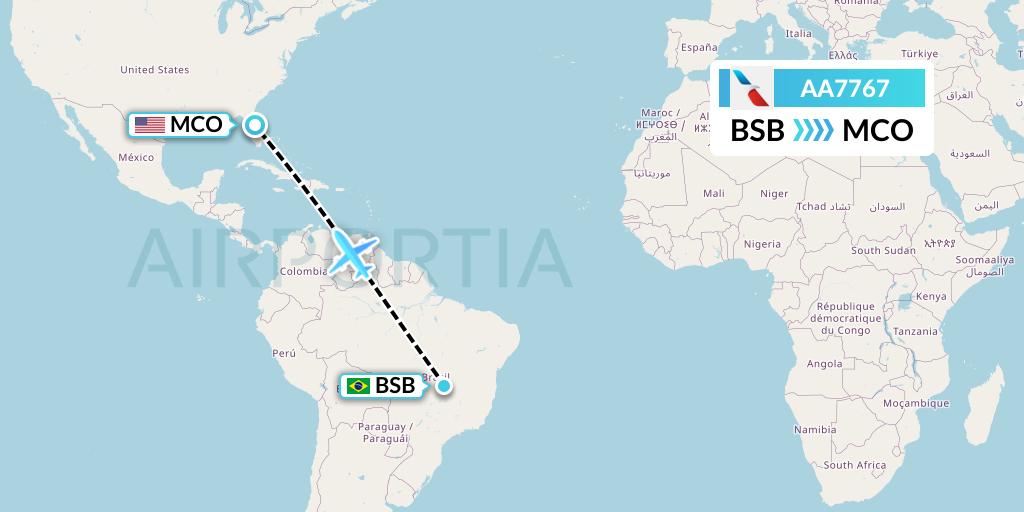 AA7767 American Airlines Flight Map: Brasilia to Orlando