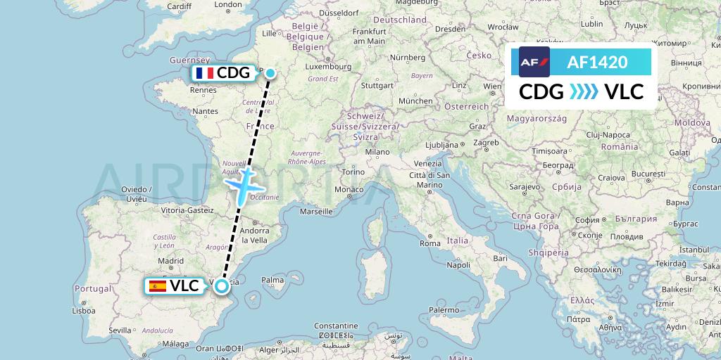 AF1420 Air France Flight Map: Paris to Valencia