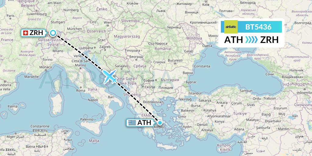 BT5436 Air Baltic Flight Map: Athens to Zurich