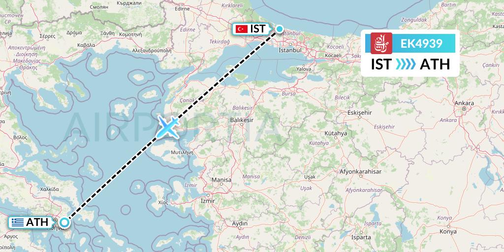 EK4939 Emirates Flight Map: Istanbul to Athens