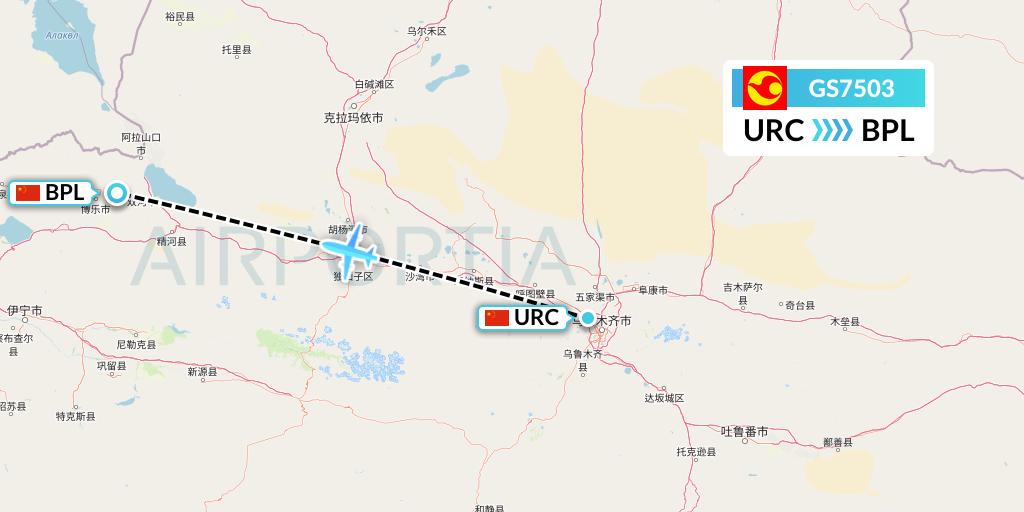 GS7503 Tianjin Airlines Flight Map: Urumqi to Bole