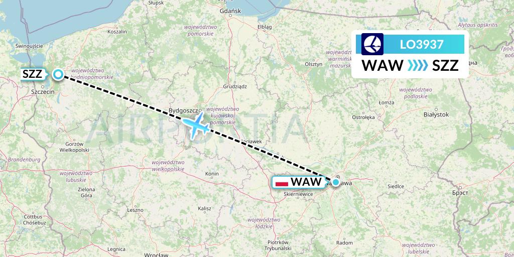 LO3937 LOT Flight Map: Warsaw to Szczecin