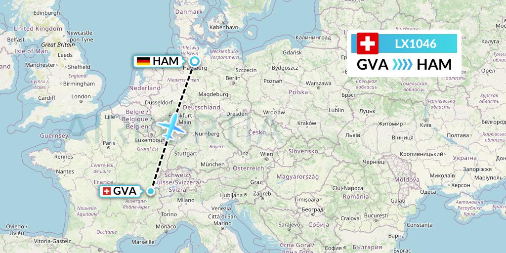 LX1046 Swiss Flight Map: Geneva to Hamburg