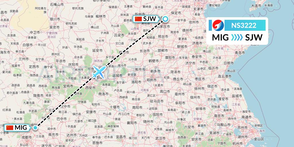 NS3222 Hebei Airlines Flight Map: Mianyang to Shijiazhuang